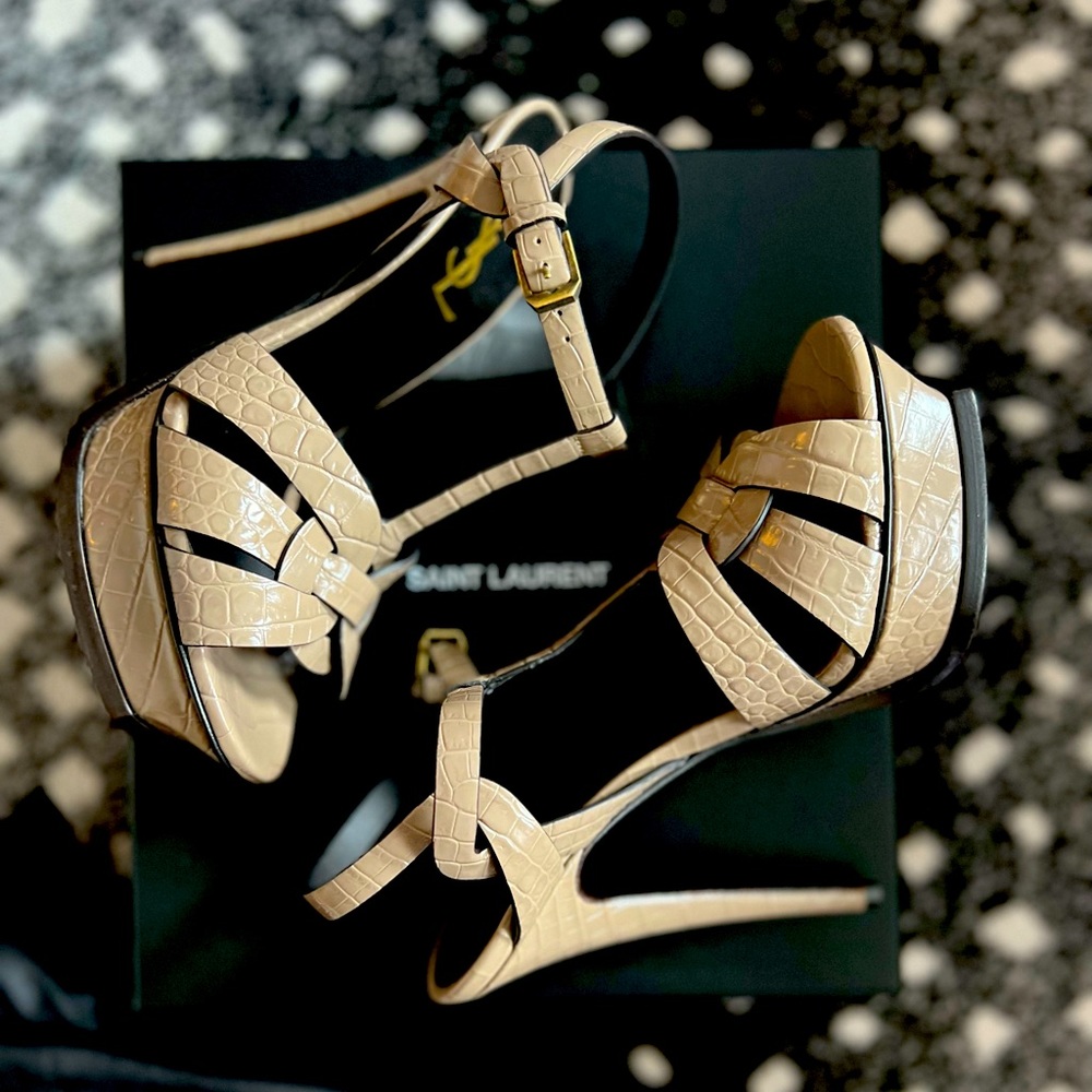 Saint Laurent Croc Embossed Leather Tribute 105 Sandal Platform Grey Taupe